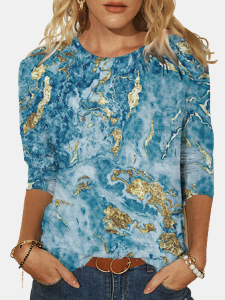 

Print O-neck Long Sleeve Plus Size Casual Blouse for Women, Blue