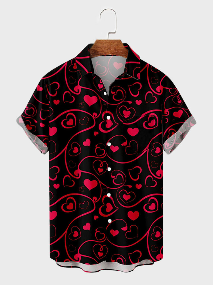 

Mens Allover Heart Print Lapel Valentine' Day Short Sleeve Shirts Winter, Black