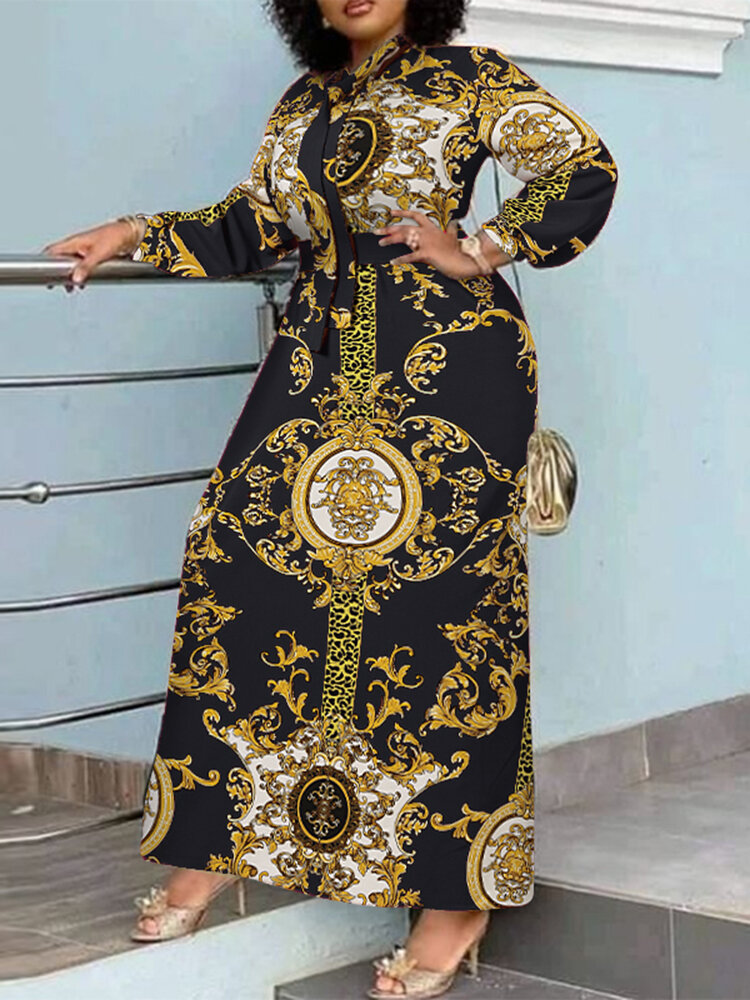 Plus size feminino vintage barroco estampado vestido maxi de manga comprida