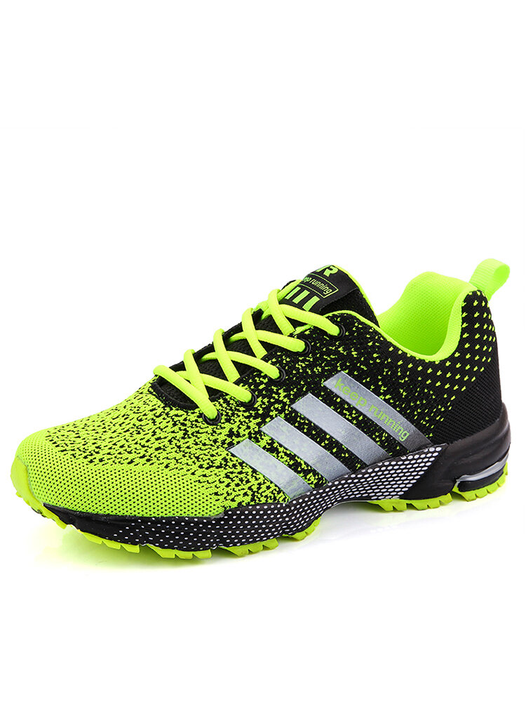 Men Knitted Fabric Breathable Side Stripe Lace-up Running Shoes