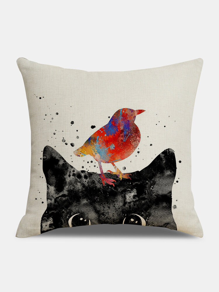 

Cat And Bird Pattern Linen Cushion Cover Home Sofa Art Decor Throw Pillowcase, #02;#06