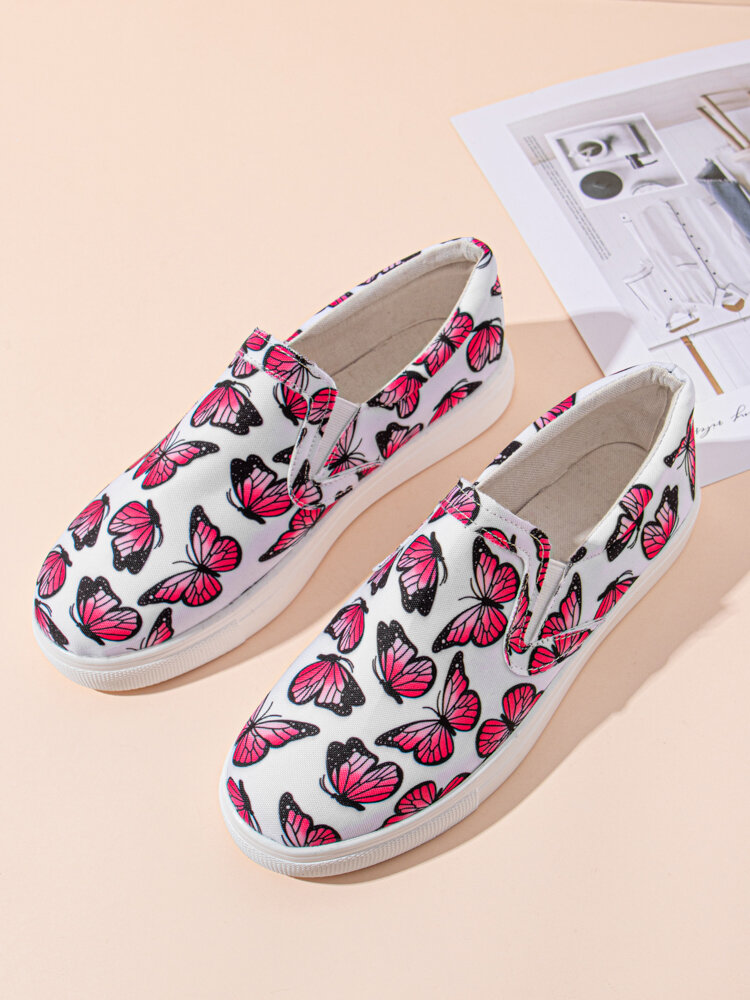 Plus Size Women Casual Butterfly Print Canvas Flats