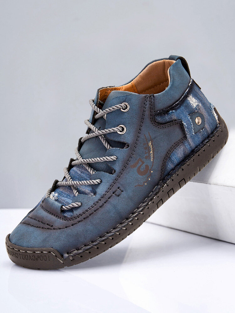 Men Vintage Canvas Splicing Hand Stitching Soft Ankle Boots