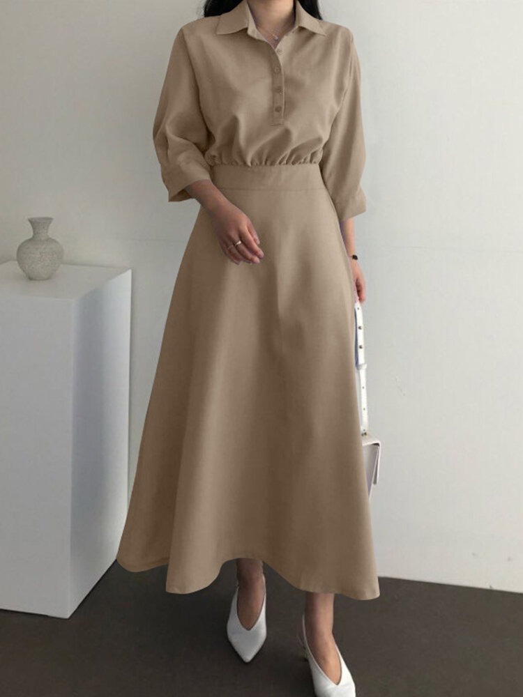 Solid Long Sleeve Lapel Casual Button Down Shirt Dress