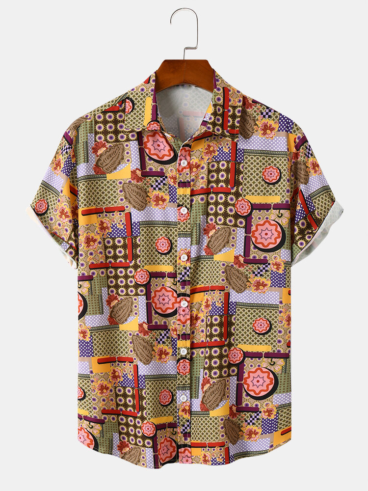 Mens Scarf Printed Overlap Buttons Up Short Sleeve Shirts
