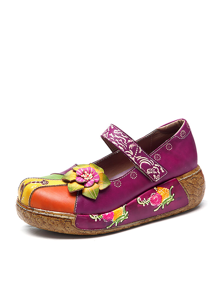 

SOCOFY New Printing Splicing Handmade Flower Flat Leather Shoes, Peachpuff;navy;wine red