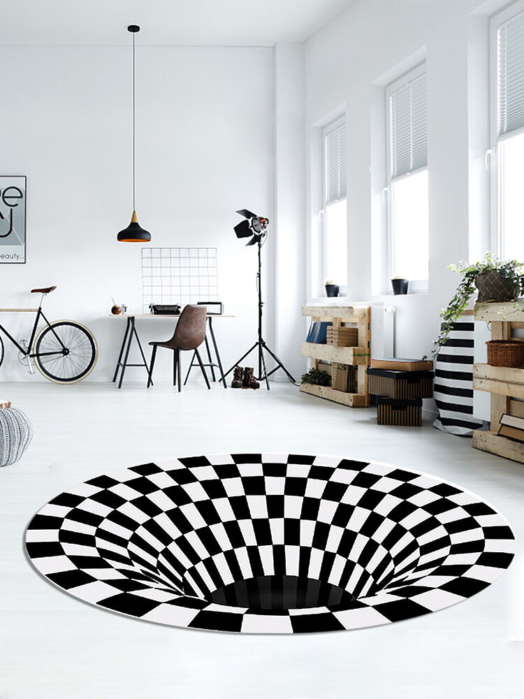 

3D Round Carpet Checkered Vortexs Optical Illusions Non Slip Area Rug Durbale Anti-Slip Floor Mat Non-Woven Black White
