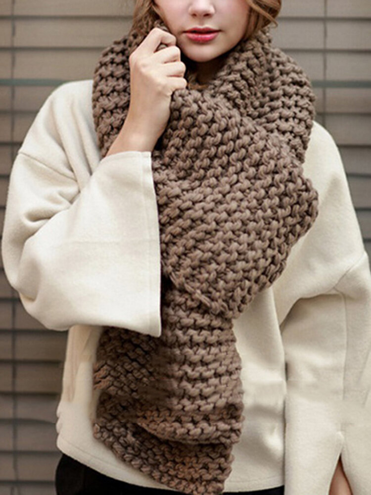 Women Winter Solid Colors Rough Knitted Scarves Outdoor Thick Warm Soft Scarf Shawl