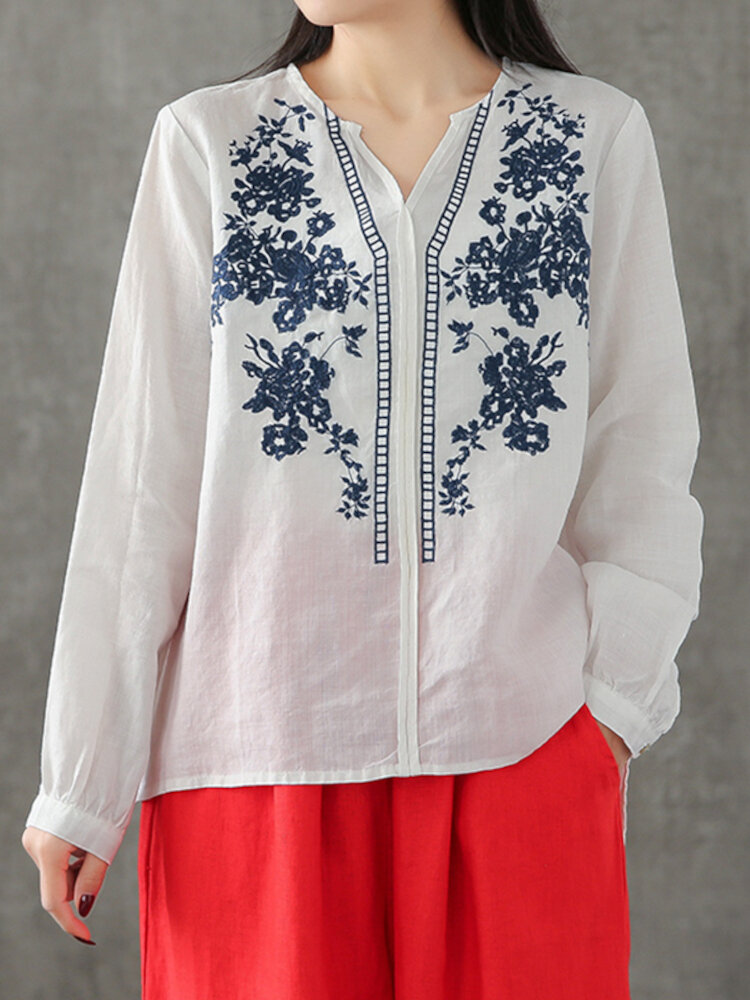 Plants Embroidery Long Sleeve V-neck Blouse For Women
