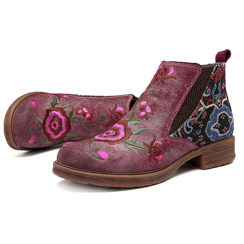 SOCOFY Sooo Comfy Embroidery Genuine Leather Splicing Pattern Zipper Flat Boots