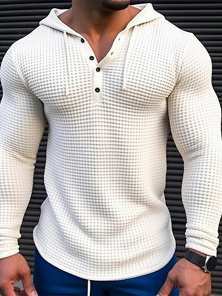 

Mens Solid Quarter Button Waffle Knit Long Sleeve Hooded T-Shirts Winter, White