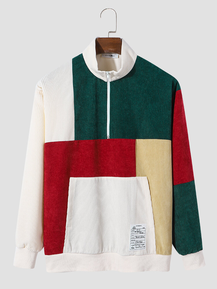 Mens Color Block Patchwork Half Zip Corduroy Pullover Sweatshirts