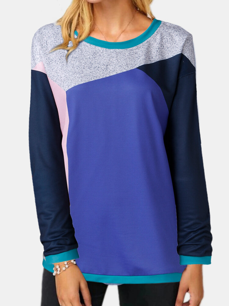 Patched Contrast Color O-neck Long Sleeve Casual Sweatshirt For Women