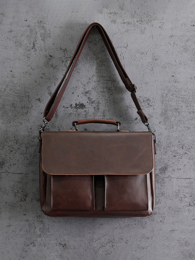 Men Vintage Solid Faux Leather Waterproof Large Capacity Briefcase Crossbody Bag