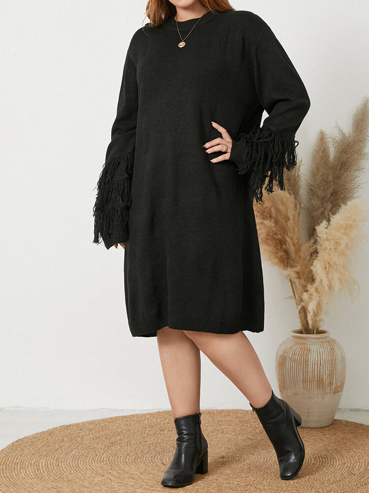 Plus Size Solid Color Comfy Tassel Sleeve O-neck Casual Dress