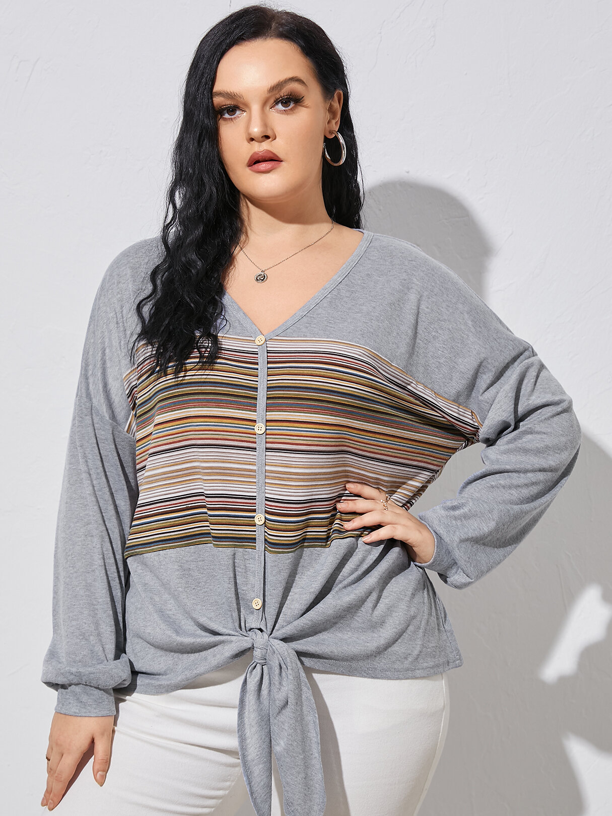 Plus Size V-neck Striped Front Button Tie-up Design Long Sleeves Tee