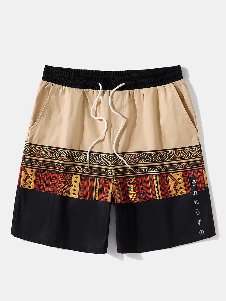 Shorts masculinos com estampa geométrica japonesa patchwork com cordão na cintura