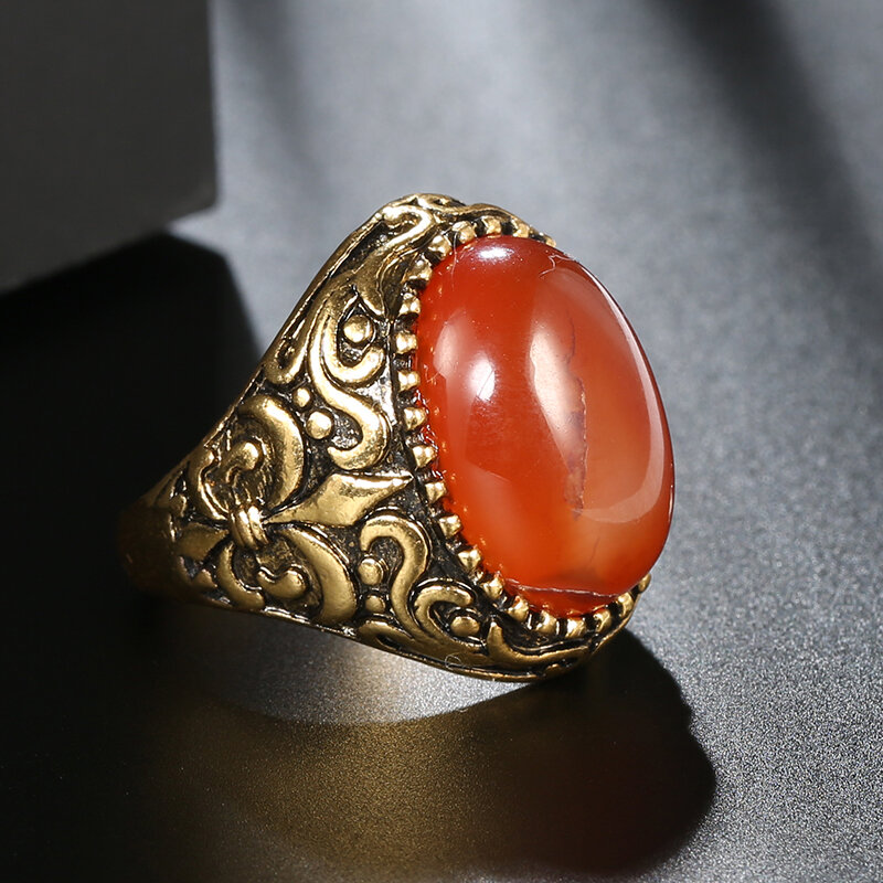 

Vintage Metal Carved Rough Stone Ring Geometric Oval Cat Eye Crystal Finger Ring