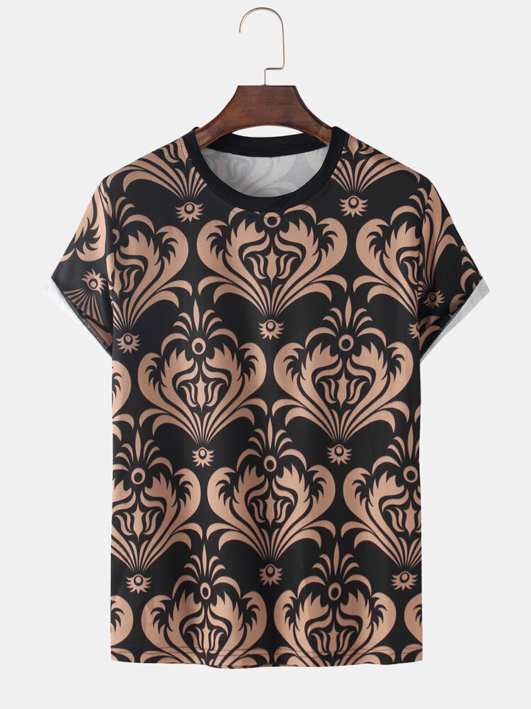 Mens Ethnic Totem Printed Round Neck Casual Short Sleeve T-shirts