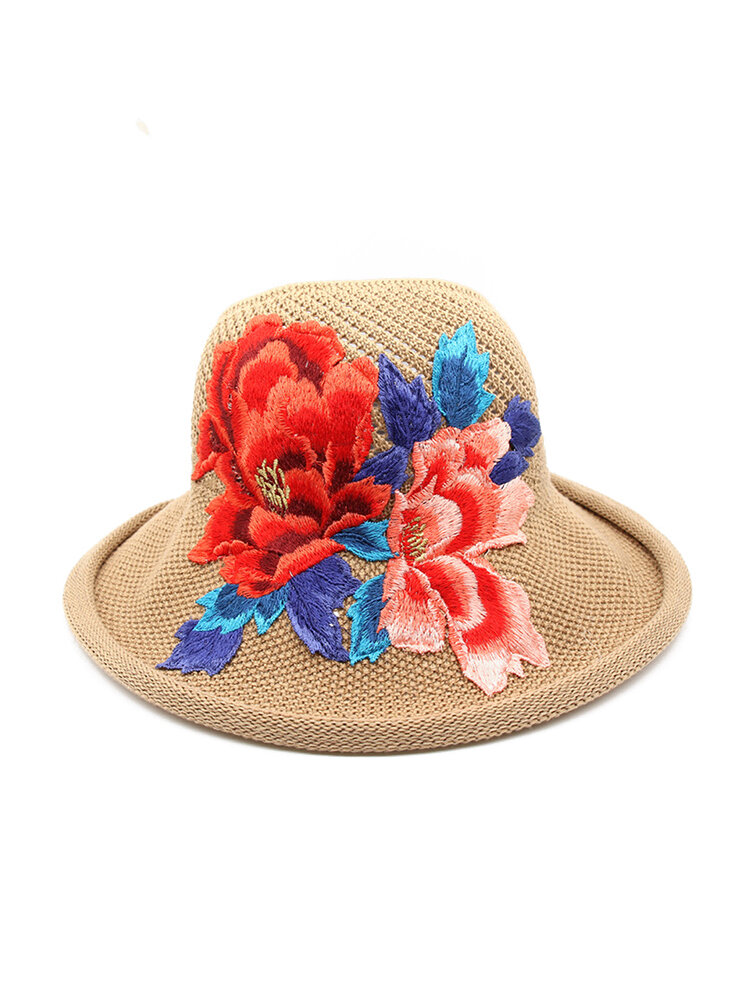 Retro Embroidery Big Brim Hat Half-top Hollow Breathable Ladies Beach Hat Folding Hat