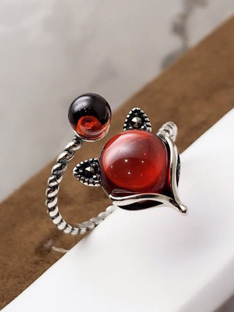 

S925 Silver Vintage Pomegranate Red Fox Open Adjustable Rings