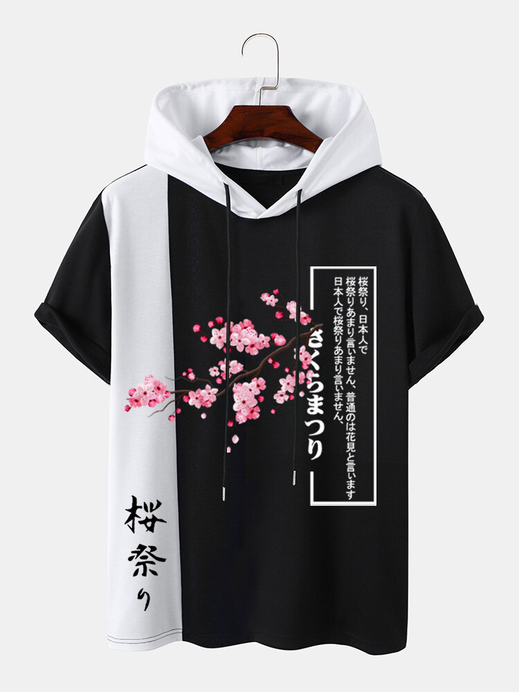 

Mens Japanese Cherry Blossoms Print Patchwork Short Sleeve Hooded T-Shirts, Black