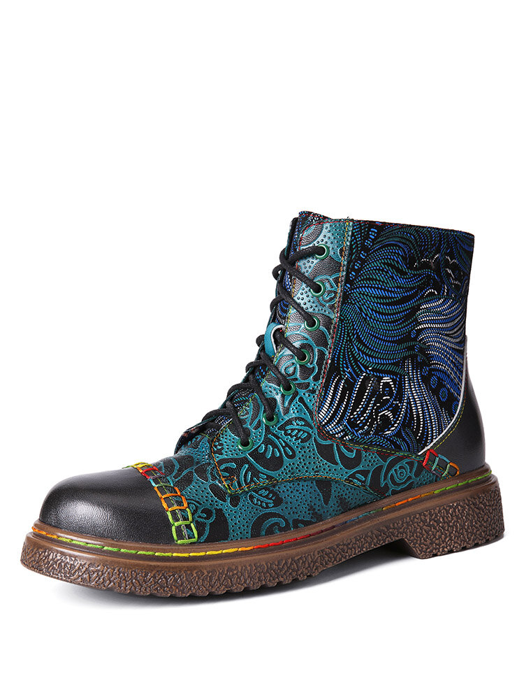 Socofy Retro Floral Embossing Leather Patchwork Side-zip Comfy Stitching Flat Combat Boots