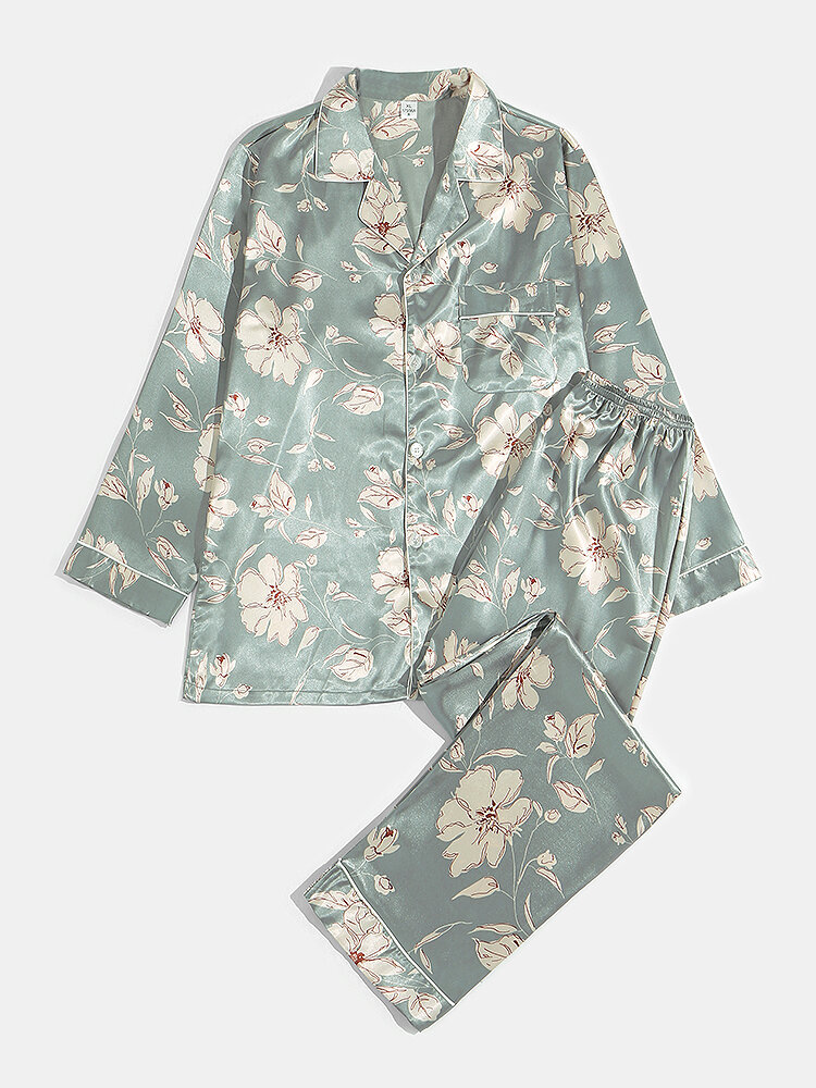 Mens Plant Floral Print Faux Silk Long Sleeve Shirt Comfy Loungewear Set