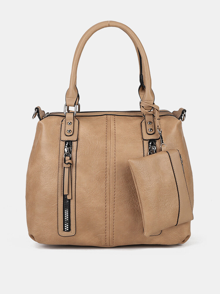 JOSEKO Women's Retro Fashion Simple Zipper Large Capacity Versatile Two-piece Handbag