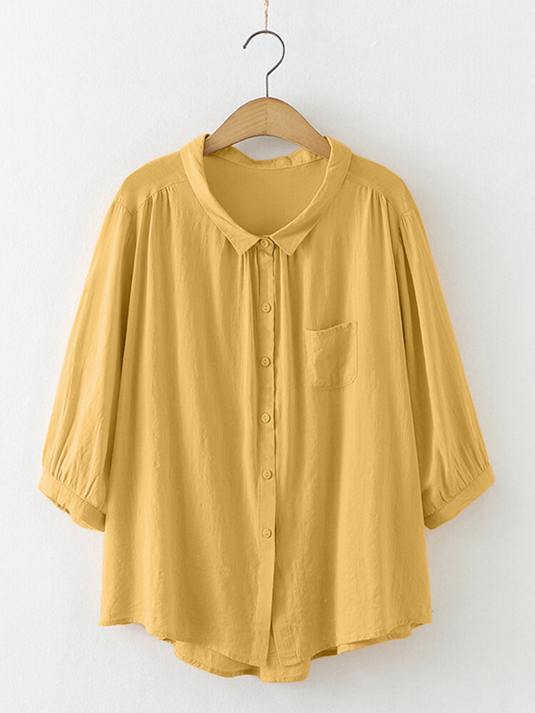 Solid Pocket Button Front Lapel 3/4 Sleeve Loose Blouse