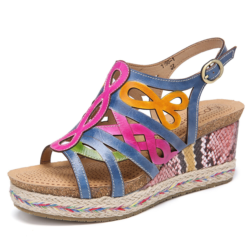Leather Contrast Cutout Strappy Snakeskin Print Buckle Slingback Wedge Sandals Espadrilles
