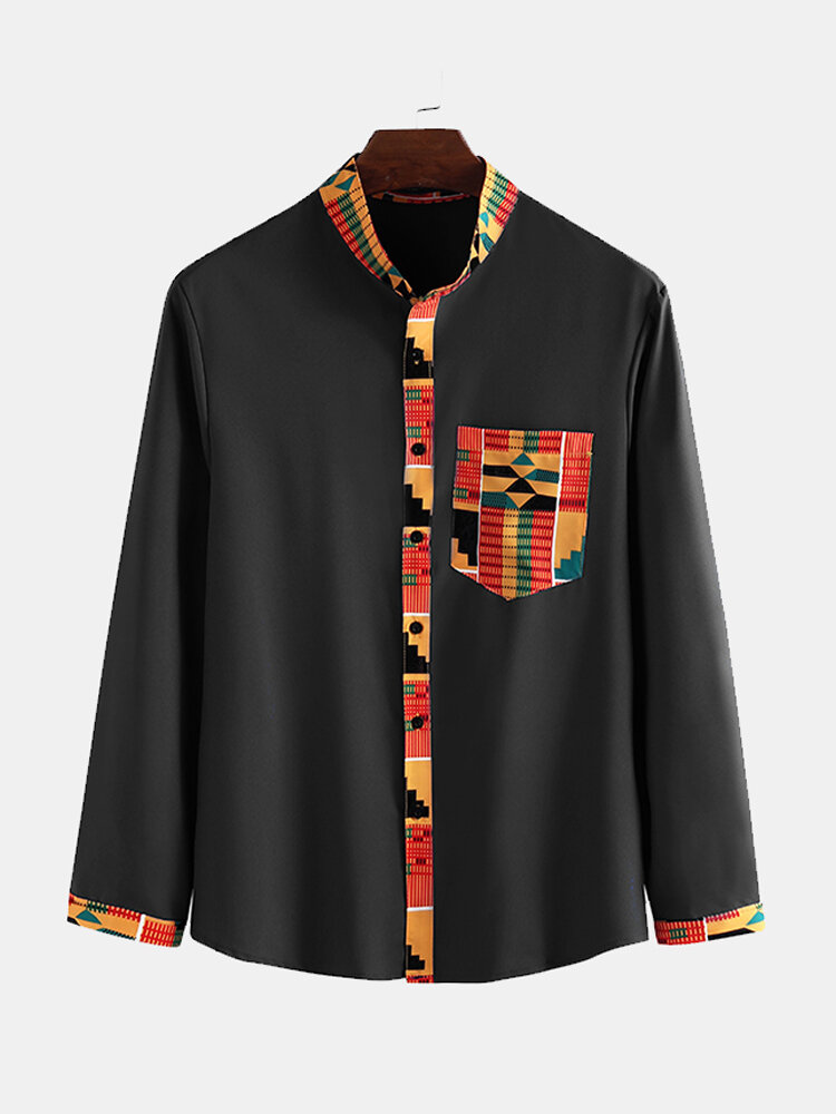 Men Mixed Color Irregular Geometric Ethnic Pattern Shirt