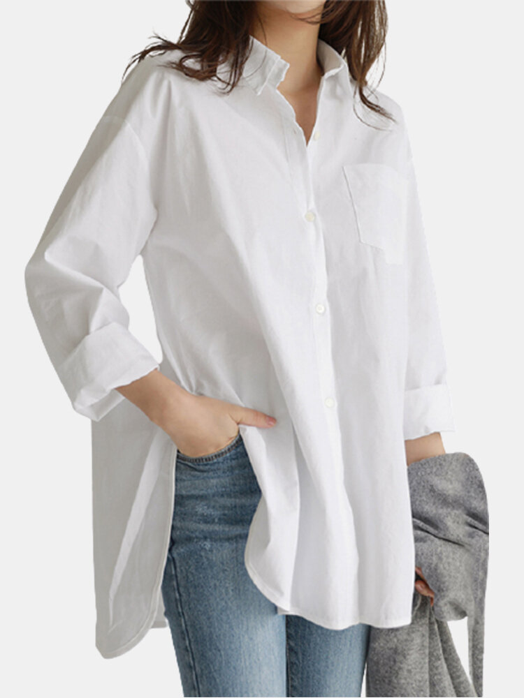 Lapela casual cor sólida Plus tamanho Camisa para mulheres