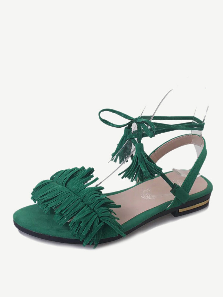 Tassel Lace Up Strappy Peep Toe Roman Casual Flat Sandals