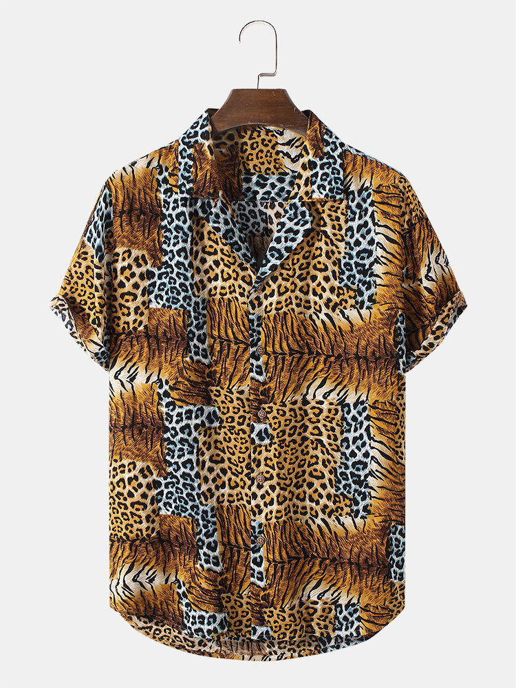 

Mens Leopard Tiger Pattern Revere Collar Short Sleeve Shirt, Yellow