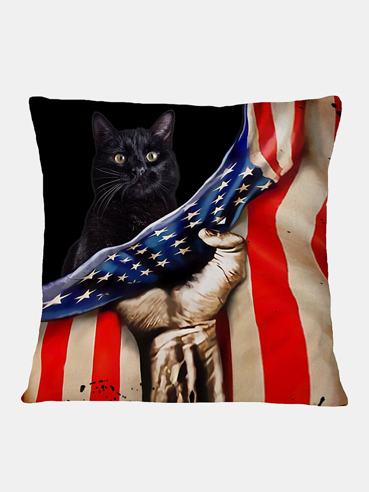 

Black Cat And American Flag Pattern Linen Cushion Cover Home Sofa Art Decor Throw Pillowcase
