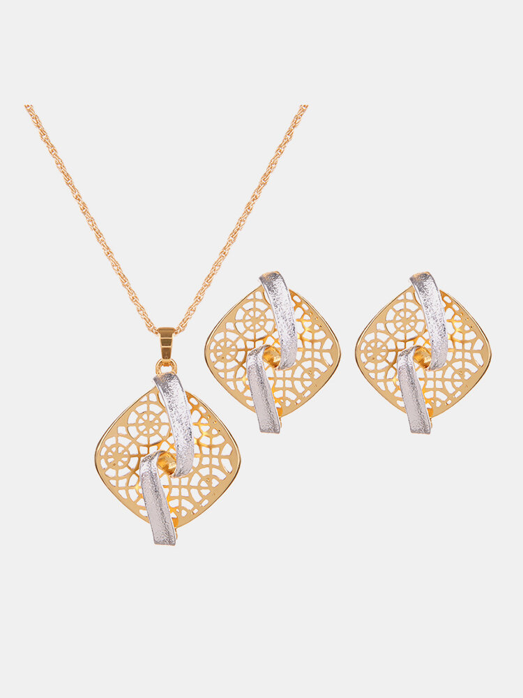 Retro Jewelry Set Gold Plated Square Necklace Earrings Set