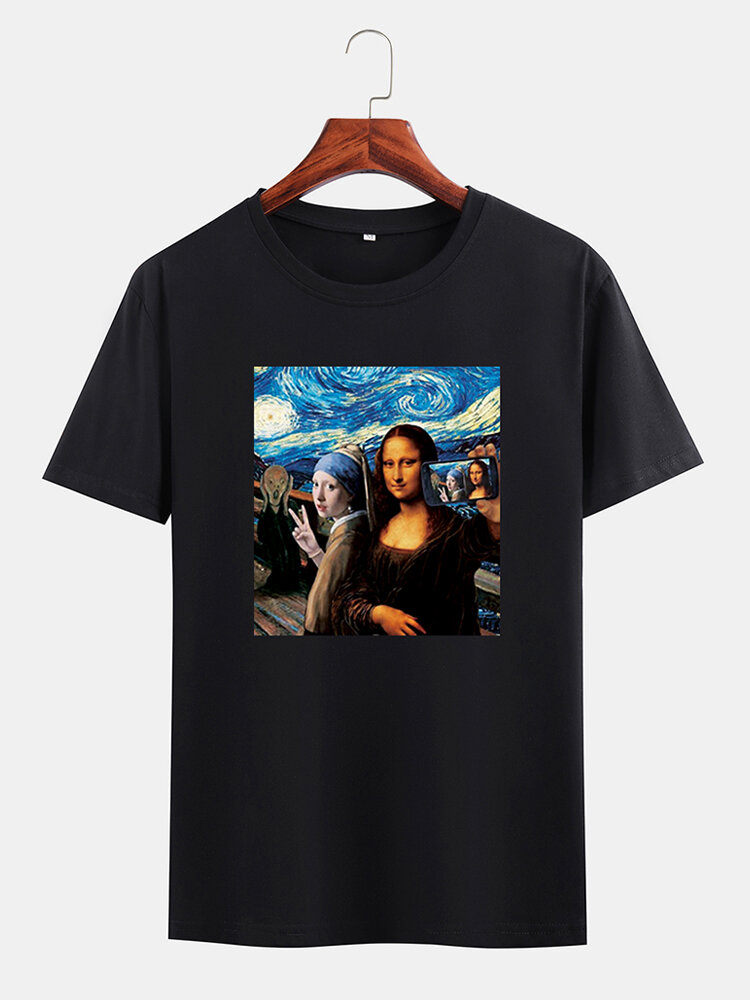 Mens Funny Kuso Mona Lisa and Van Gogh Oil Print T-Shirts