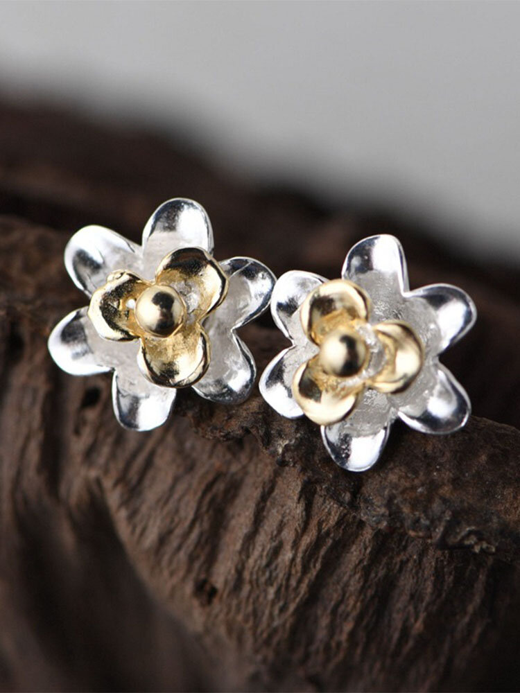 Simple 925 Silver Earrings Flower-Shape Gold-Plated Women Literary Ear Stud Jewelry