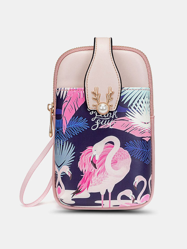 Women Cute Flamingo Elephant Pattern Print 6.5 Inch Phone Bag Crossbody Bag