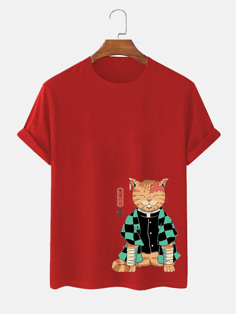 Mens Japanese Style Cat Print Crew Neck Short Sleeve T-Shirts Winter