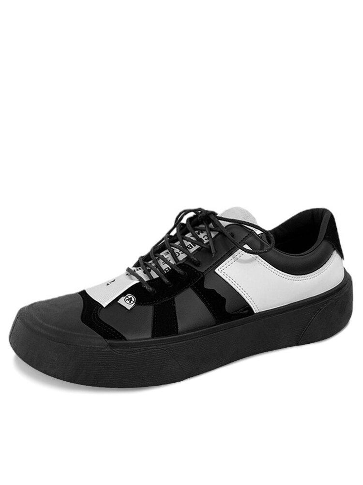 

Men Letter Patched Lace Up Round Toe Stylish Skate Shoes, Black;white