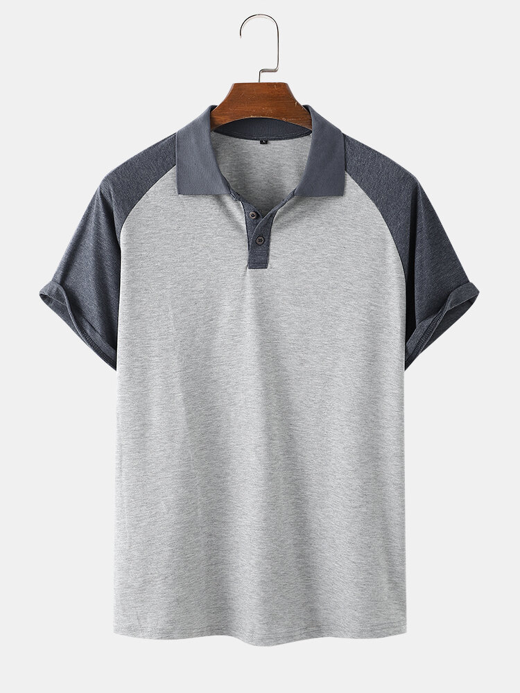 

Mens Two Tone Stitching Casual Raglan Sleeve 100% Cotton Golf Shirts, Coffee;blue