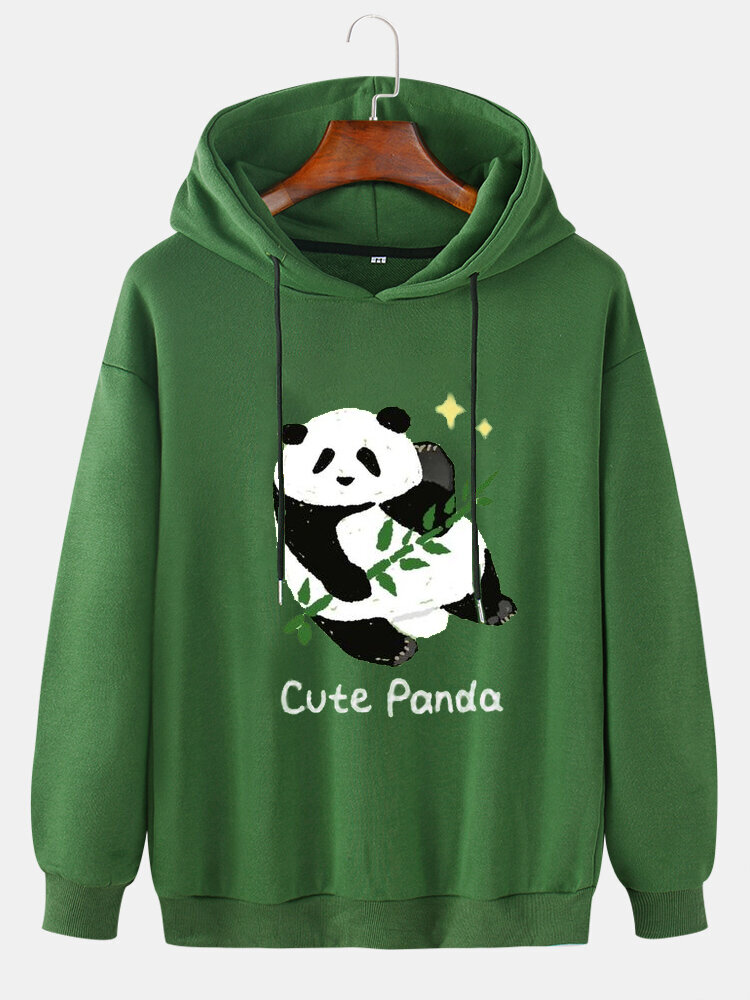Mens Cute Panda Impresión de bambú Manga larga Casual Cordón Sudaderas con capucha Invierno