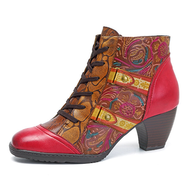 SOCOFY Bohemian Splicing Flower Pattern Lace Up Zipper Ankle Leather Boots
