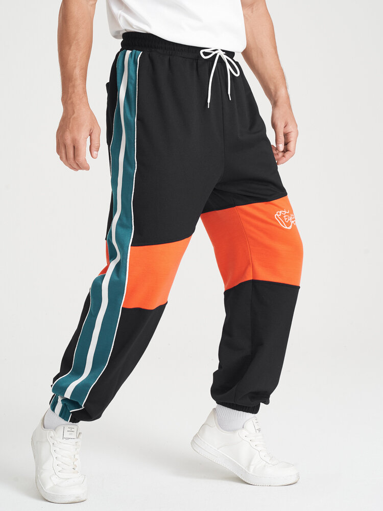 Mens Color Block Striped Patchwork Embroidered Street Drawstring Pants