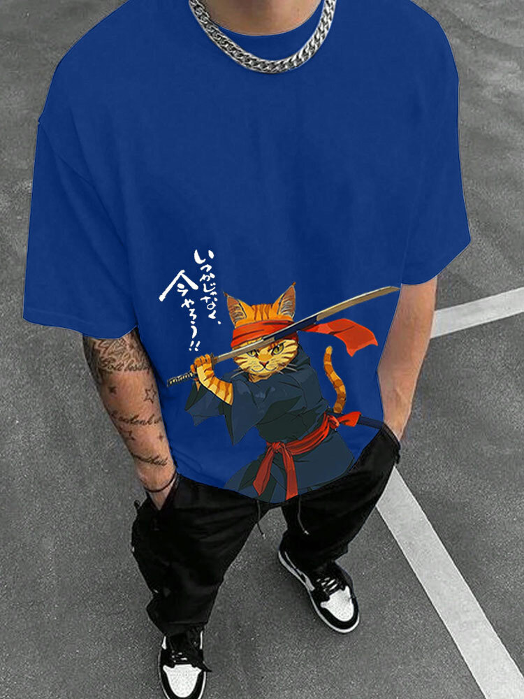 Mens Japanese Warrior Cat Print Crew Neck Short Sleeve T-Shirts