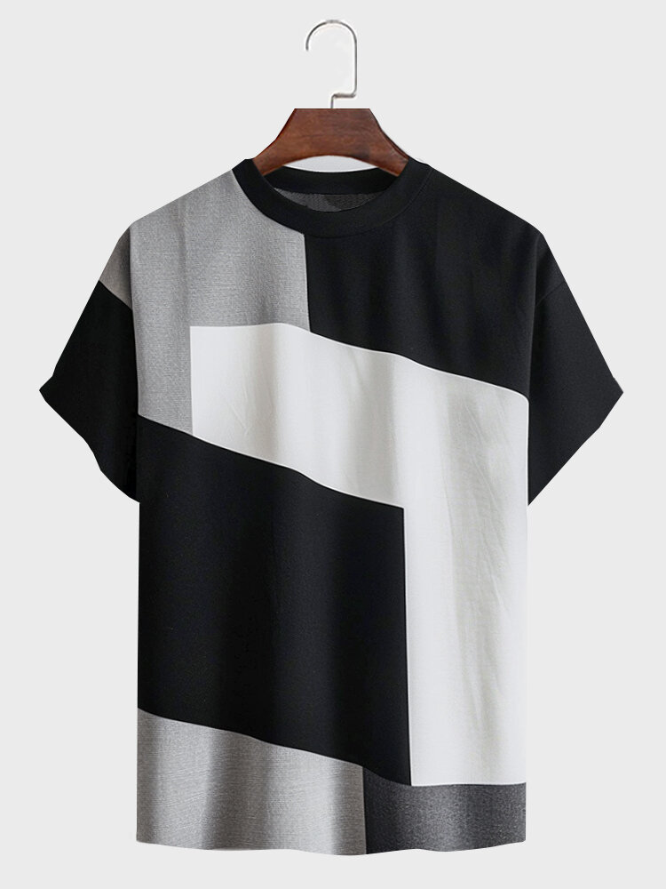 T-shirts à manches courtes et col rond en patchwork de blocs de couleurs irréguliers pour hommes