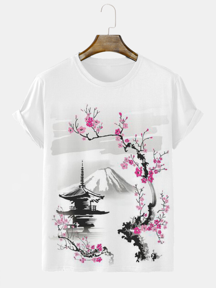Mens Japanese Cherry Blossoms Landscape Print Short Sleeve T-Shirts