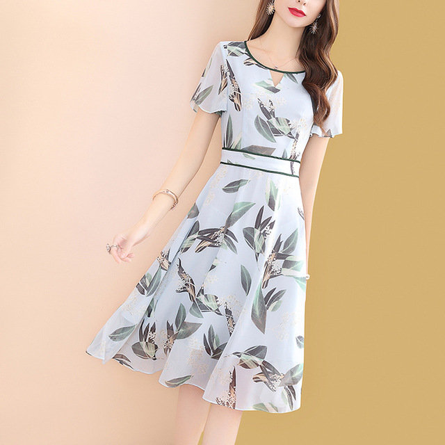 Mid-length Waist Slimming Short Sleeve Printed Chiffon Dress 